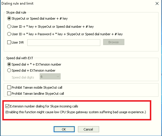 Enable Skype gateway incoming call extension dial